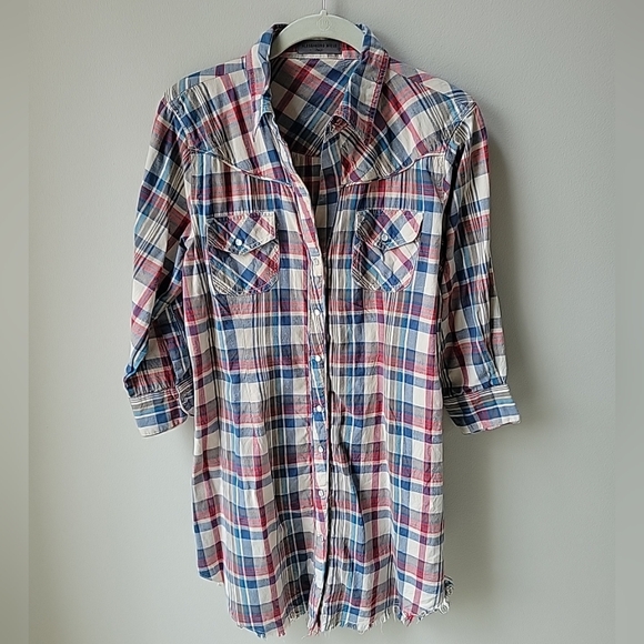 Alessandro Miele Dresses & Skirts - Alessandro Miele Womens Medium Plaid‎ Shirt Dress 3/4 Sleeves Frayed Curved Hem